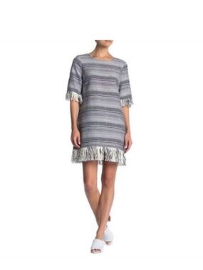 1.STATE Navy/Cream Tweed Fringe Hem Dress